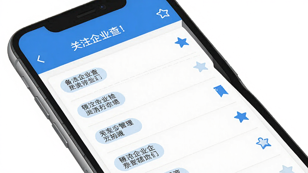 企业信息一键查软件收藏管理界面,手机屏幕显示关注企业列表,带有备注标签和收藏图标,蓝色主题,白色背景,列表式布局,扁平化风格,高清画质,干净无多余元素