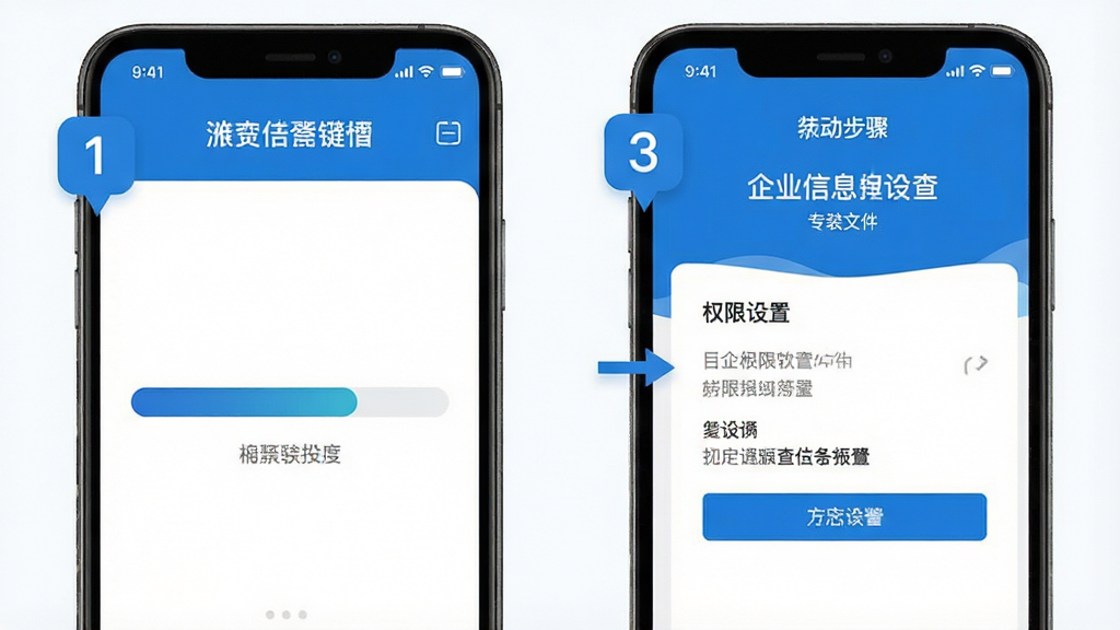 企业信息一键查软件安装步骤示意图,手机屏幕显示安装进度条和权限设置界面,蓝色主题,白色背景,步骤编号清晰,扁平化设计,高清画质,干净无多余元素