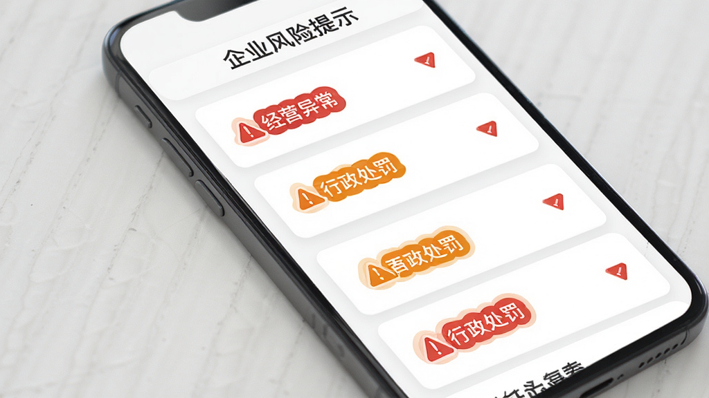 企业信息一键查软件风险提示界面,手机屏幕显示企业风险信息列表,包含经营异常、行政处罚等标签,红色和橙色警示配色,白色背景,卡片式布局,扁平化设计,高清画质,干净无多余元素
