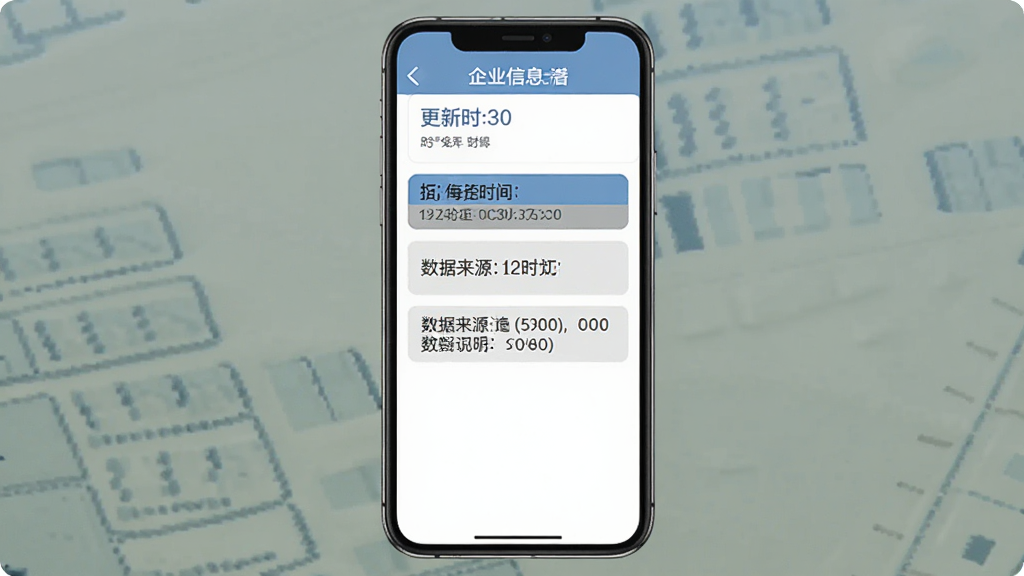 企业信息一键查软件数据更新说明界面,手机屏幕显示信息更新时间戳和数据来源说明文字,蓝色和灰色配色,白色背景,简洁排版,扁平化设计,高清画质,干净无多余元素
