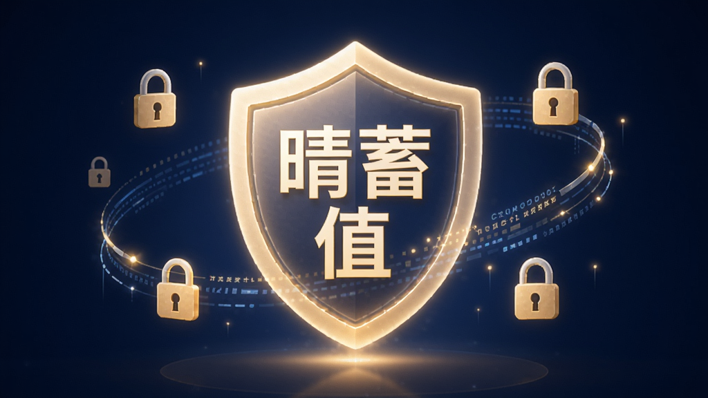 一张科技感与温馨感结合的图片,画面中央是一个发光的盾牌图标,盾牌内部有“晴蓄值”三个字,盾牌周围环绕着锁形符号和数据流线条,背景是深蓝色渐变,风格简洁现代,突出安全与信赖感,画质细腻,无杂乱元素。