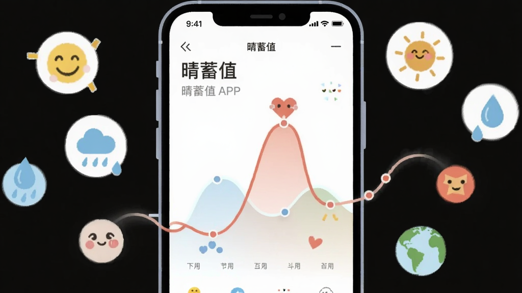 一张AI生成的插画,画面主体是一部智能手机,手机屏幕显示着“晴蓄值”APP的情绪曲线图表,图表线条流畅,周围漂浮着代表不同情绪的小图标,如笑脸、雨滴、太阳等,布局采用居中构图,风格为扁平化插画,色彩柔和明亮,画质干净清晰,无多余装饰元素。