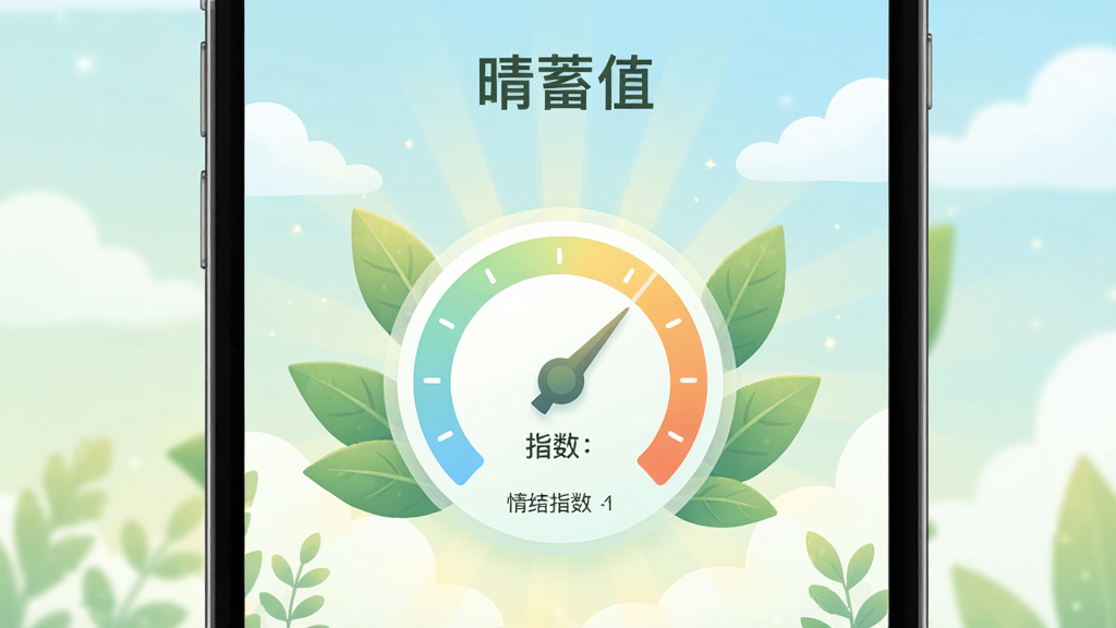一张展示手机屏幕的图片,屏幕上显示着“晴蓄值”应用程序的主界面,界面中央有一个圆形的情绪指数仪表盘,周围环绕着绿色的植物叶片和柔和的阳光射线,背景是淡蓝色的天空和白云,整体风格清新治愈,色彩以浅绿、天蓝、暖黄为主,画面干净整洁,无多余元素,高清画质。