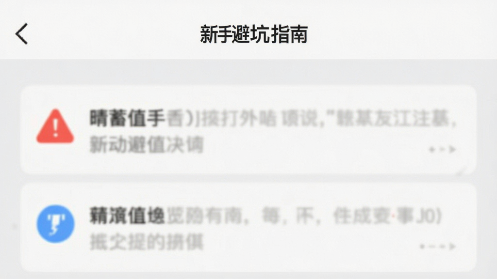 一张手机界面截图风格的图片,画面展示“晴蓄值”APP的“新手避坑指南”页面,页面中包含红色警告图标和蓝色提示图标,背景为浅灰色,布局清晰,文字内容不可辨认但排版整齐,风格简洁实用,画质干净无多余元素。