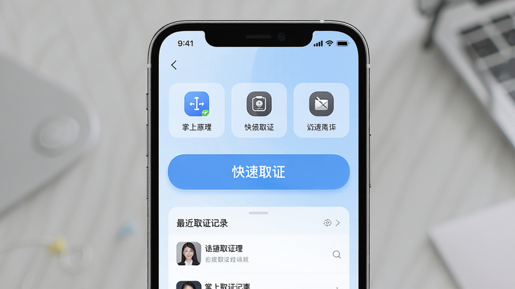 手机屏幕中显示掌上取证应用主界面,界面布局清晰,上方为功能入口图标,中间为快捷取证按钮,下方为最近取证记录列表,背景为浅蓝色渐变,画面风格简洁商务,细节展示图标与文字排版,画质清晰干净无多余元素