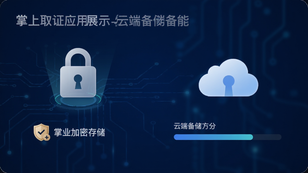 掌上取证应用展示加密存储与云端备份功能界面,画面中有锁形图标与云朵图标,背景为深蓝色科技风格,细节展示加密标识与备份进度条,画质清晰干净无多余元素