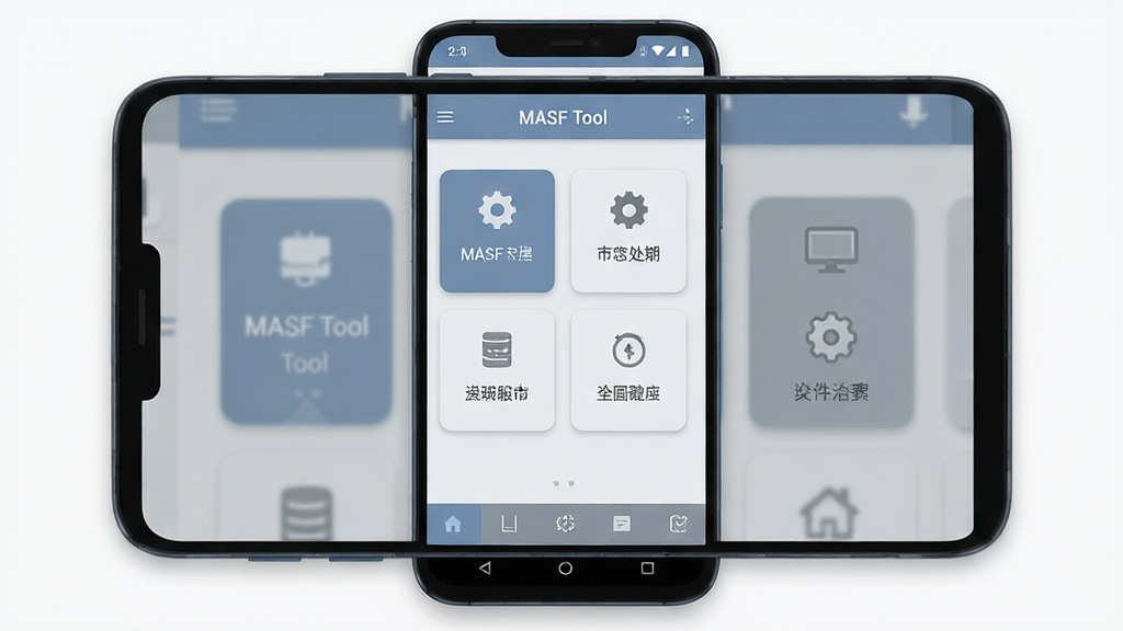 主体是一台安卓手机屏幕,屏幕上显示 MASF Tool 软件的主界面,界面简洁现代,布局为顶部标题栏加中部功能卡片加底部导航栏,排版居中对称,风格为科技简约风,细节包括柔和的蓝灰配色、清晰的图标线条、界面中显示“MASF Tool”文字,画质高清,干净,无多余元素