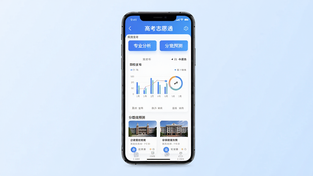 高考志愿通软件主界面全貌展示,画面中央是一部智能手机,屏幕上显示高考志愿通应用首页,包含院校查询、专业分析、分数线预测等功能入口,背景为淡蓝色渐变,布局简洁清晰,风格现代科技感,细节上体现数据图表与院校卡片,画质高清,干净,无多余元素