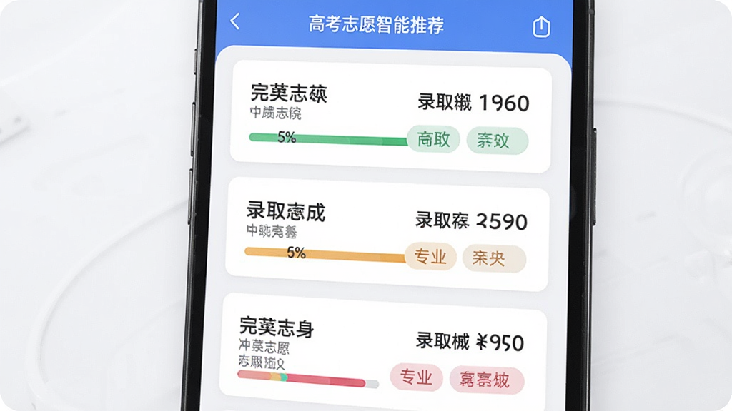 高考志愿通智能推荐功能界面,画面展示一部手机屏幕,屏幕上呈现冲稳保三档志愿推荐列表,包含院校名称、录取概率百分比、专业标签等信息,布局为纵向卡片式排列,风格清新简约,细节上体现彩色进度条与数据标签,画质清晰,干净,无多余元素