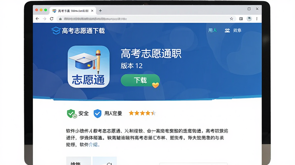 高考志愿通下载页面展示,画面展示电脑浏览器窗口,页面中包含高考志愿通软件图标、版本号、下载按钮与软件介绍文字,布局为典型下载站页面结构,风格简约商务,细节上体现安全认证标识与用户评分,画质清晰,干净,无多余元素