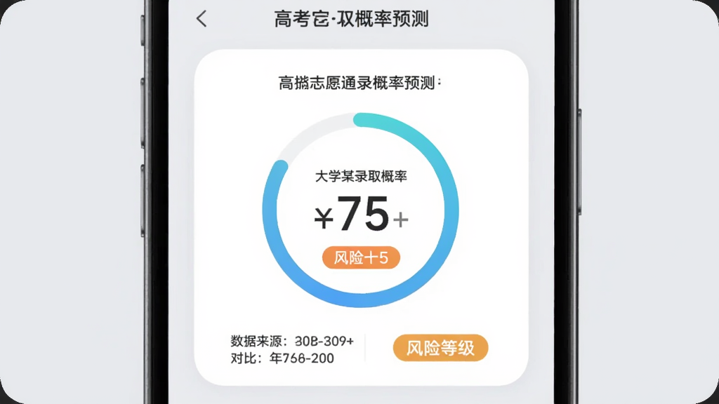 高考志愿通录取概率预测界面,画面展示手机屏幕,屏幕上显示某大学录取概率为百分之七十五,配有环形进度条与风险等级标签,背景为浅灰色,布局为居中卡片式,风格柔和圆角,细节上体现数据来源说明与年份对比,画质清晰,干净,无多余元素