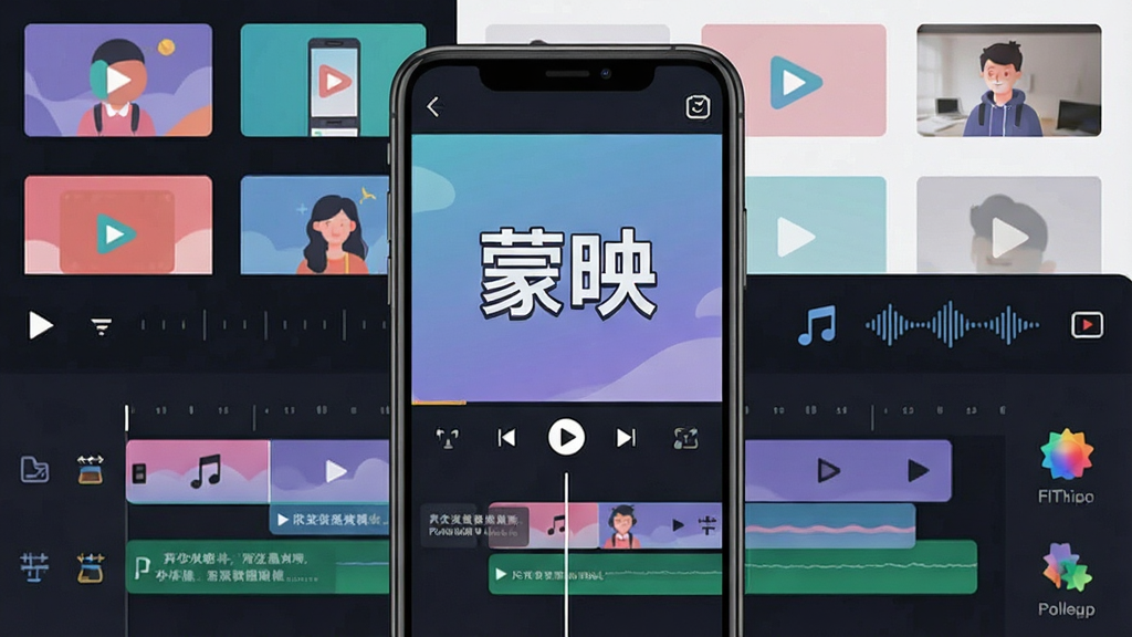 一张手机屏幕展示视频剪辑界面,画面中央是「蒙映」软件名称,主体为一部竖屏手机,布局为手机居中、周围环绕视频片段缩略图、时间轴、音乐波形图标,排版简洁居中,风格为现代科技感扁平插画,细节包括剪辑轨道、播放按钮、字幕条、滤镜图标,画质清晰干净,无多余元素