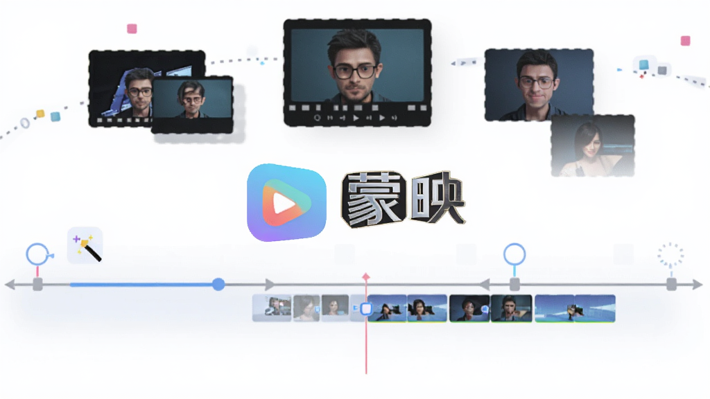 一张展示视频剪辑软件自动生成视频过程的插画,主体为「蒙映」logo和一条自动生成的时间轴,布局为横向时间轴居中、上方悬浮素材缩略图,排版整洁,风格为清爽扁平科技风,细节包括魔法棒图标、进度条、片段标记,画质清晰干净,无多余元素