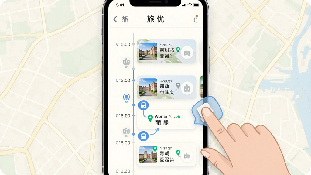 一张展示“旅优”智能行程编排功能的图片,画面主体是手机屏幕上的行程时间轴,时间轴上排列着不同景点卡片和交通图标,旁边有拖拽调整的示意手势,背景是浅色地图纹理,布局居中排版,风格清爽简约,细节包含时间标注、地点名称和连线路径,画质干净,无多余元素