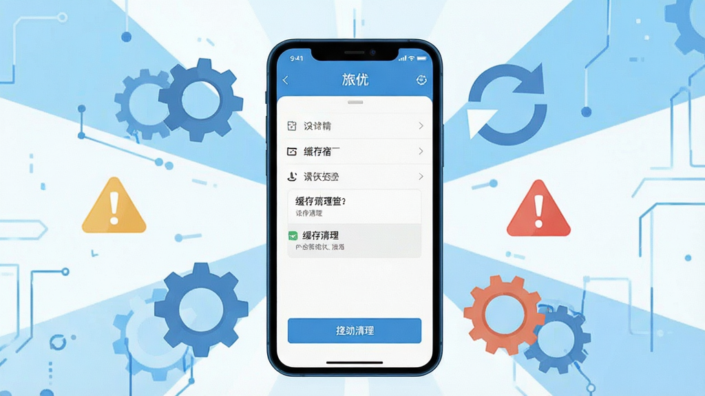 一张展示“旅优”应用问题排查步骤的图片,画面以手机屏幕为中心,周围环绕着齿轮、刷新箭头和警示图标,屏幕内显示设置菜单和缓存清理选项,布局采用中心放射式排版,风格科技感扁平化,细节包含文字标签和操作按钮,画质干净,无多余元素