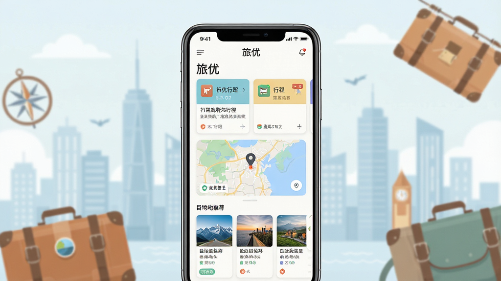 一张展示手机旅行规划应用界面的图片,画面中央是一部智能手机,屏幕显示“旅优”应用的主页面,页面包含行程卡片、地图缩略图和目的地推荐列表,背景是柔和的城市天际线与旅行元素,布局简洁清晰,风格现代扁平化,细节包含图标、文字标签和色彩分区,画质干净,无多余元素