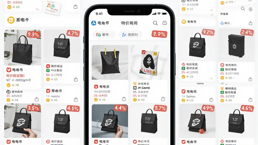 特价商城多多应用界面中展示多个电商平台的特价商品聚合列表,主体为手机屏幕内的商品瀑布流,布局采用网格排列,排版整齐有序,风格为清新明亮的UI设计图,细节包含平台标识、折扣百分比与倒计时标签,画质清晰干净无多余元素
