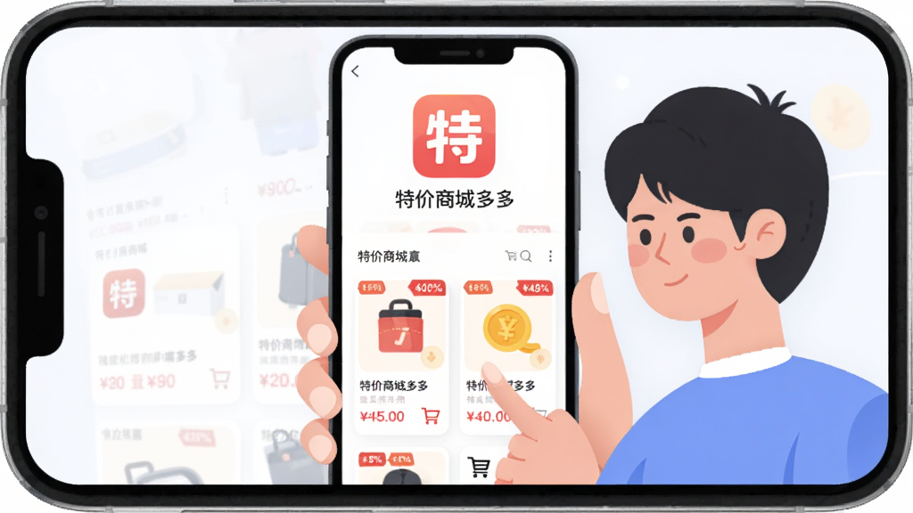 手机屏幕中央展示特价商城多多应用界面,主体为一位年轻用户手持手机浏览特价商品列表,布局采用上下分层,上方是应用图标与名称特价商城多多,下方是商品卡片与价格标签,排版简洁清晰,风格为现代扁平化插画,细节包含折扣标签、购物车图标与金币元素,画质高清干净无多余元素
