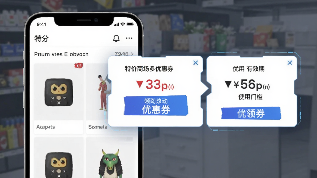 特价商城多多优惠券匹配功能展示图,主体为手机界面中商品旁边弹出优惠券领取按钮,布局采用左右分栏,左侧为商品图右侧为优惠券信息,排版突出领券动作,风格为写实科技风,细节包含券面金额、使用门槛与有效期文字,画质高清干净无多余元素