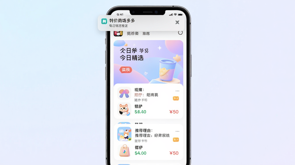 特价商城多多每日精选推送界面,主体为手机通知栏与应用内推荐卡片,布局采用纵向列表,排版突出今日精选字样,风格为柔和渐变插画,细节包含品类图标、价格标签与推荐理由短句,画质清晰干净无多余元素