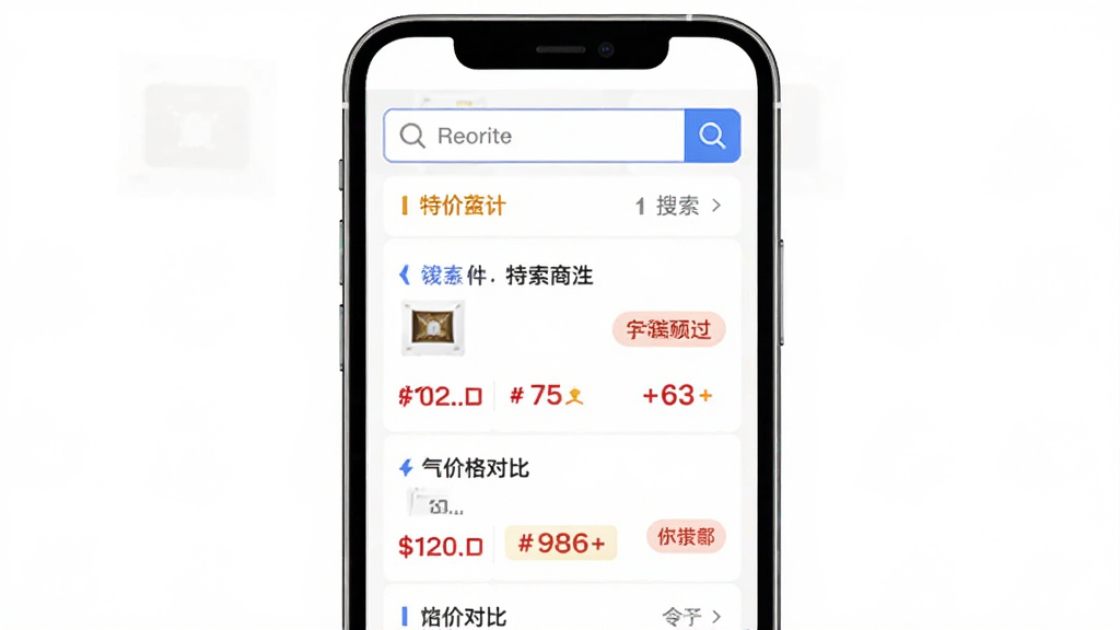 特价商城多多搜索比价功能界面,主体为手机屏幕中搜索框与价格对比列表,布局采用上下结构,排版清晰展示不同平台价格,风格为简约商务风,细节包含搜索图标、价格数字与促销标签,画质高清干净无多余元素