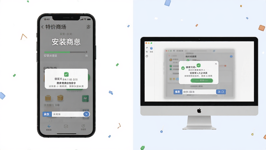 特价商城多多安装与使用场景示意图,主体为手机与电脑模拟器并排展示,布局采用左右对比,排版突出移动端操作步骤,风格为简洁教程插画,细节包含安装进度条、权限弹窗与搜索框,画质清晰干净无多余元素