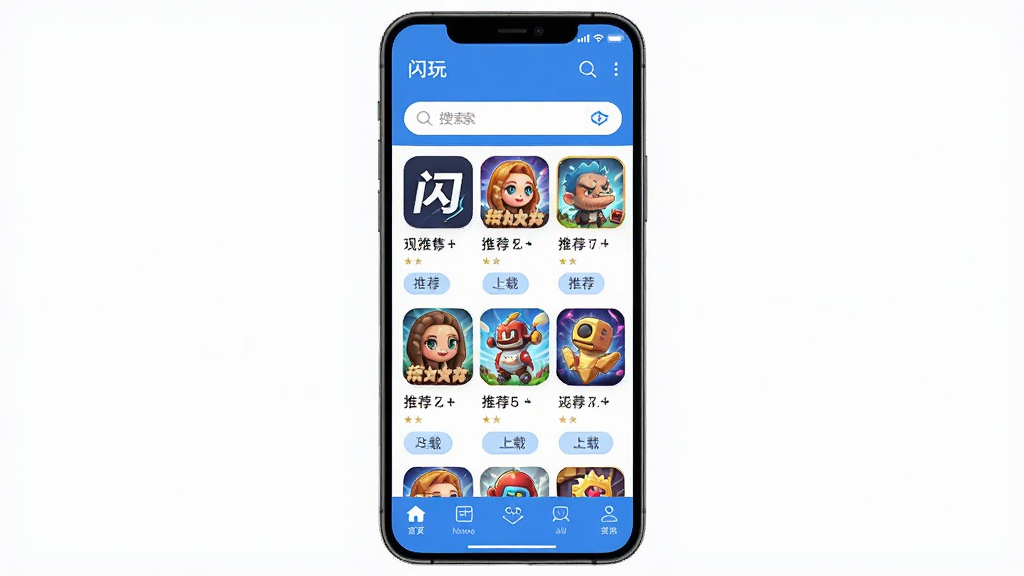 手机屏幕中央显示“闪玩”应用主界面,顶部是搜索栏,中间是游戏封面网格,底部是导航栏,整体布局干净整齐,风格为扁平化科技蓝,细节包括游戏图标、推荐标签、下载按钮,画质清晰,干净,无多余元素