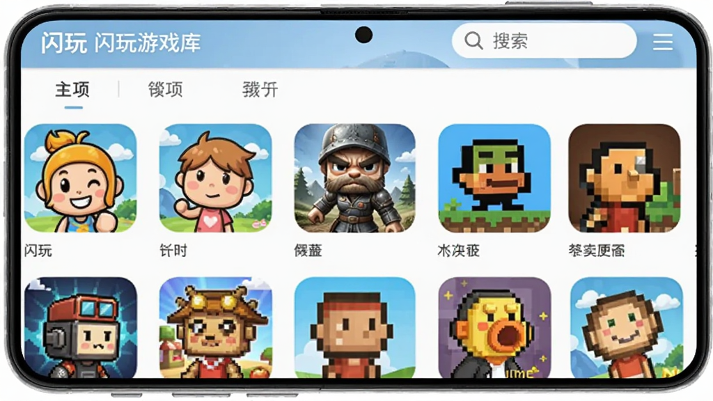 一部安卓手机屏幕中展示“闪玩”游戏库页面,画面里排列着多款不同风格的游戏图标,有卡通、写实、像素等样式,布局为三列网格,风格明亮活泼,细节包括分类标签和搜索框,画质清晰,干净,无多余元素
