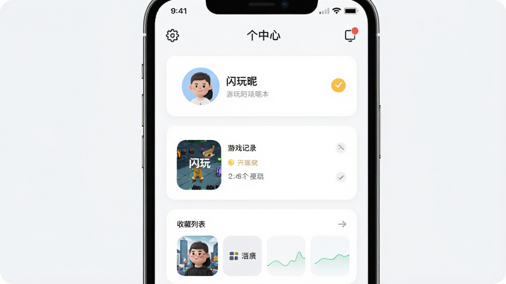 手机界面展示“闪玩”个人中心页面,画面中有头像、昵称、游戏记录、收藏列表等模块,背景为白色卡片式布局,风格简约清新,细节包括设置图标和消息提示,画质清晰,干净,无多余元素