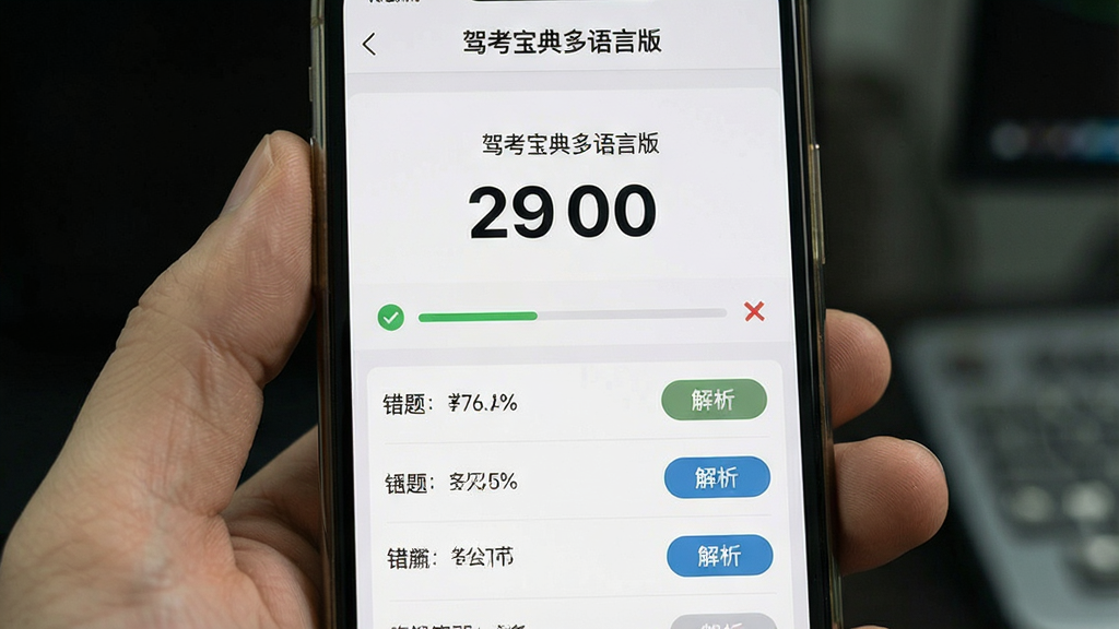 手机屏幕显示模拟考试结果页面,中央有大大的分数数字,下方列出错题列表和解析按钮,背景为白色与淡灰色搭配,布局为上下分层,风格为教育类应用界面写实,细节包括进度条、对勾与叉号图标、排名百分比,画质清晰,无多余装饰,图中文字为“驾考宝典多语言版”