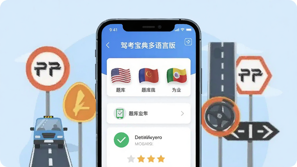 画面中央放置一部智能手机,屏幕显示驾考宝典多语言版应用界面,界面中有多国国旗图标排列,周围环绕交通标志和道路元素,背景为浅蓝色渐变,布局采用居中对称式,风格为扁平化科技插画,细节包括题库卡片、对勾图标、评分星级,画质清晰干净,无多余元素,图中文字为“驾考宝典多语言版”