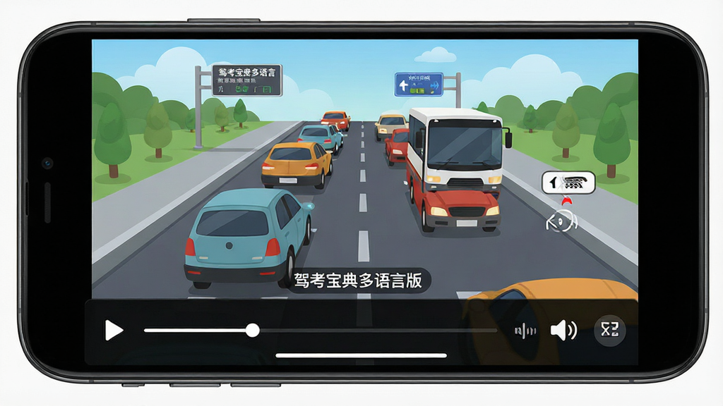 手机屏幕显示视频播放界面,画面中有交通场景动画,底部有播放控制条和语音图标,背景为深色模式,布局为全屏视频加底部控制栏,风格为现代视频播放器UI,细节包括进度条、音量图标、字幕按钮,画质高清,无杂乱元素,图中文字为“驾考宝典多语言版”