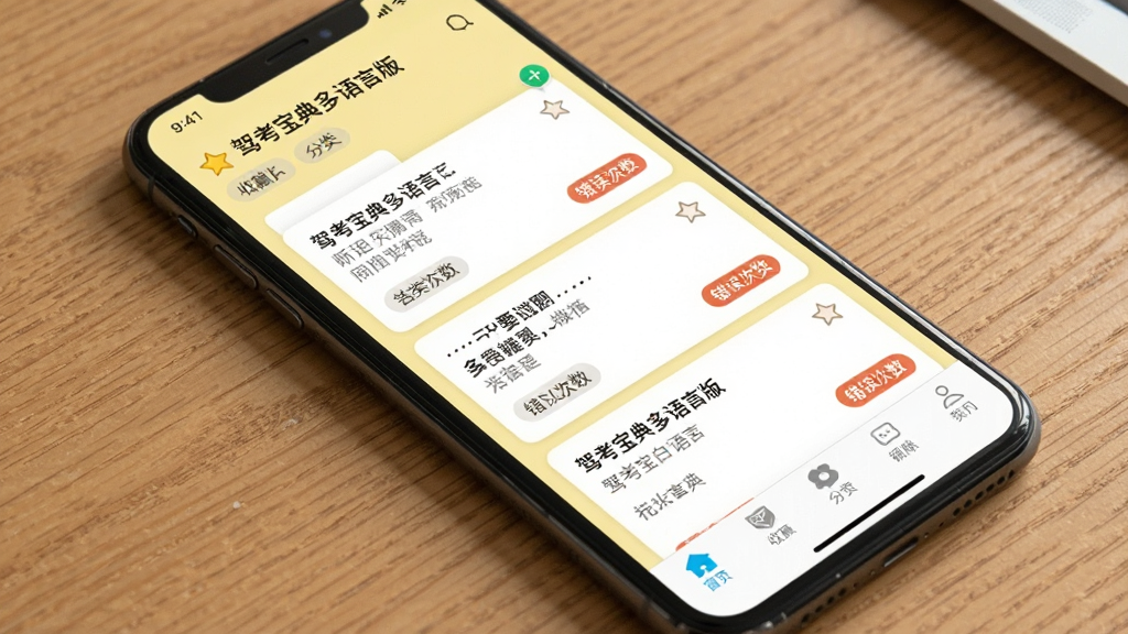 一部手机平放桌面,屏幕显示错题本界面,错题以卡片形式纵向排列,每张卡片上有题目摘要和错误次数标签,背景为浅黄色,布局为列表式,风格为学习工具类应用截图,细节包括收藏星标、分类标签、底部导航栏,画质清晰干净,图中文字为“驾考宝典多语言版”