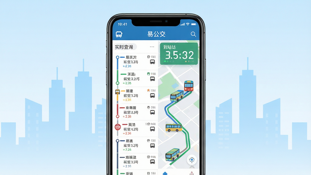 主体为一部智能手机,屏幕显示易公交APP的实时公交查询界面,界面中有公交线路列表和地图上移动的公交车图标;布局为手机居中展示,背景为浅蓝色渐变城市剪影;排版简洁,手机屏幕内容清晰可见;风格为现代科技感扁平化设计;细节包括公交站牌、路线连线和到站倒计时数字;画质高清,干净,无多余元素
