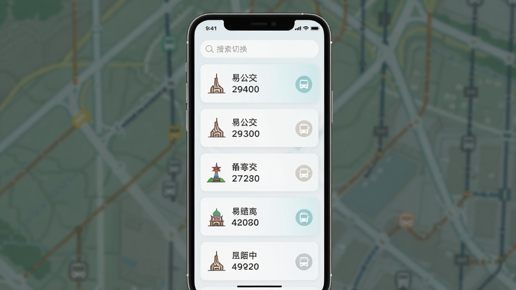 主体为易公交APP的城市切换界面,屏幕中显示多个城市名称卡片和对应的公交线路数量;布局为纵向列表排列,顶部有搜索框;排版整齐,卡片间距均匀;风格为清新浅色系移动端UI;细节包括城市地标小图标和选中状态高亮;画质高清,干净,无多余元素