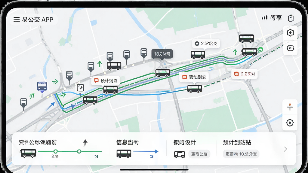 主体为易公交APP的实时地图界面,地图上显示多条公交线路和移动中的公交车图标;布局为全屏地图视角,底部有线路信息卡片;排版清晰,信息层级分明;风格为现代简约科技风;细节包括公交站标记、车辆朝向箭头和预计到站时间气泡;画质高清,干净,无多余元素