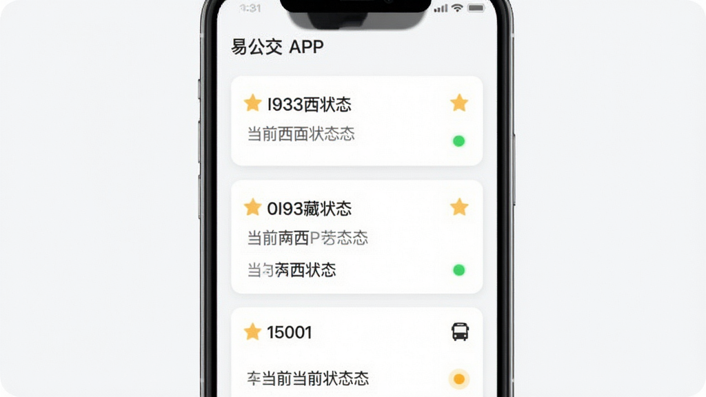 主体为易公交APP的收藏夹页面,显示多条已收藏的公交线路卡片,每条卡片上有线路号和当前车辆状态;布局为纵向卡片列表,顶部有收藏标题;排版清晰,卡片信息完整;风格为清爽素雅的移动端界面;细节包括星标图标和实时状态小圆点;画质高清,干净,无多余元素