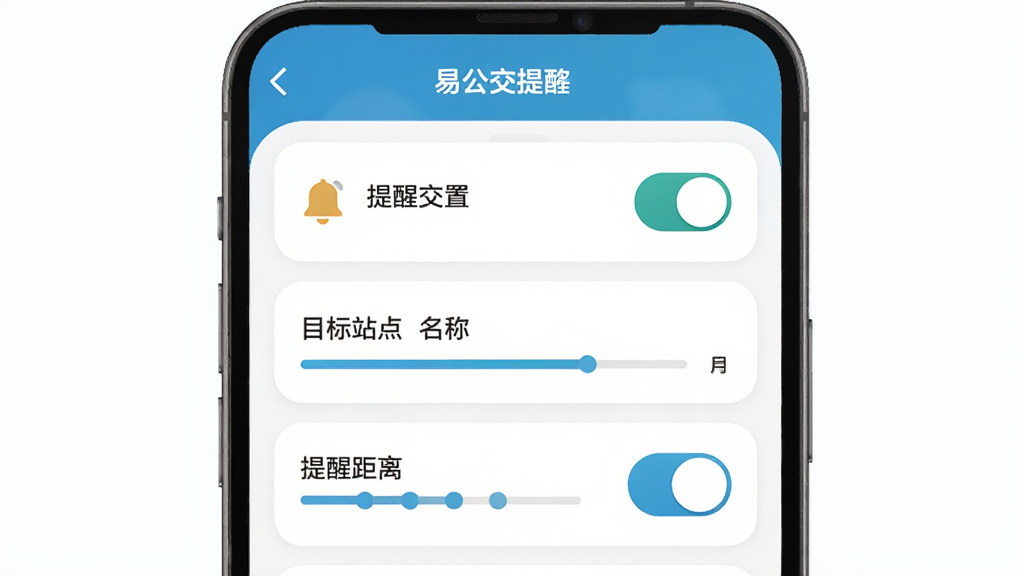 主体为易公交APP的到站提醒设置页面,显示提醒开关、目标站点名称和提醒距离选项;布局为设置项列表,顶部有线路名称;排版简洁,操作按钮醒目;风格为柔和圆角卡片式设计;细节包括铃铛图标和进度条;画质高清,干净,无多余元素