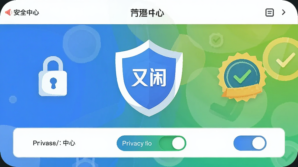 一幅AI生图,画面展示“又闲”应用的安全中心界面,主体是盾牌图标与认证徽章,布局为居中构图,风格为科技感扁平插画,细节包括锁形图标、对勾标记、隐私开关,画质清晰,干净,无多余元素