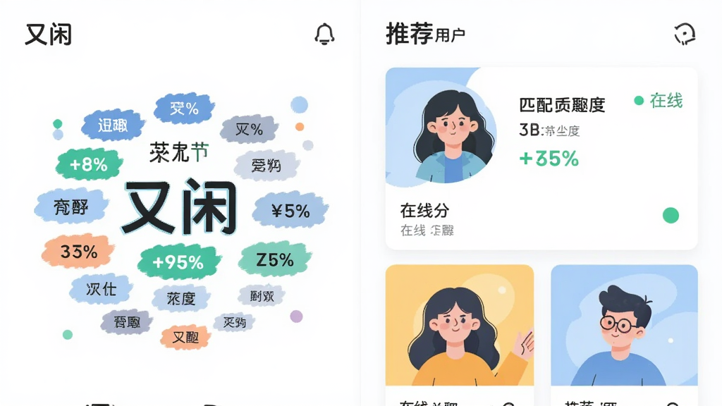 一幅AI生图,画面主体是“又闲”应用的兴趣匹配界面,布局为左右分栏,左侧是用户标签云,右侧是推荐用户卡片,风格为清新扁平插画,细节包括标签高亮、匹配度百分比、在线状态圆点,画质清晰,干净,无多余元素