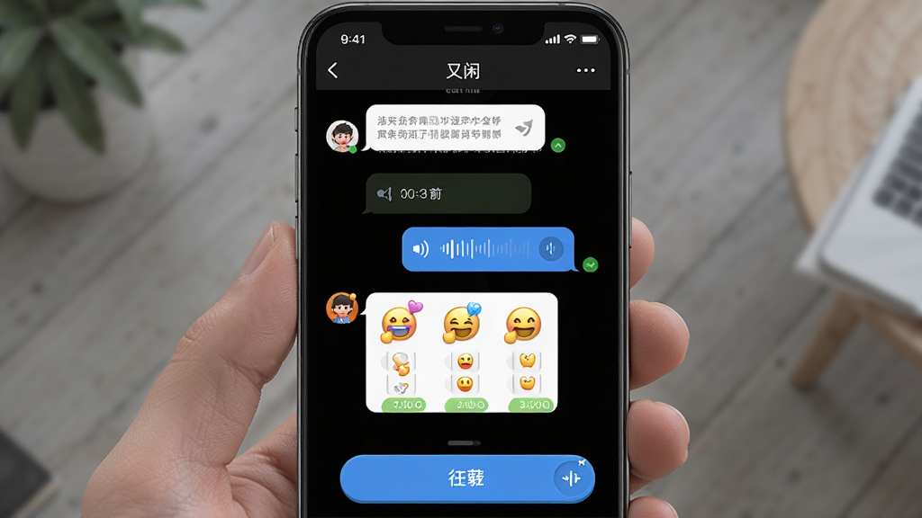 一幅AI生图,画面展示“又闲”应用的聊天界面,主体是手机屏幕特写,屏幕内显示对话气泡、语音条、表情包和互动小游戏按钮,布局居中,风格为写实UI风格,细节包括头像、时间戳、已读标记,画质清晰,干净,无多余元素