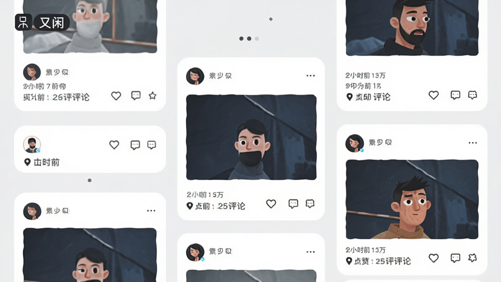 一幅AI生图,画面主体是“又闲”应用的动态广场页面,布局为瀑布流卡片,每张卡片包含用户头像、图片、点赞评论图标,背景为浅灰色,风格为现代简约插画,细节包括发布时间、位置标签,画质清晰,干净,无多余元素