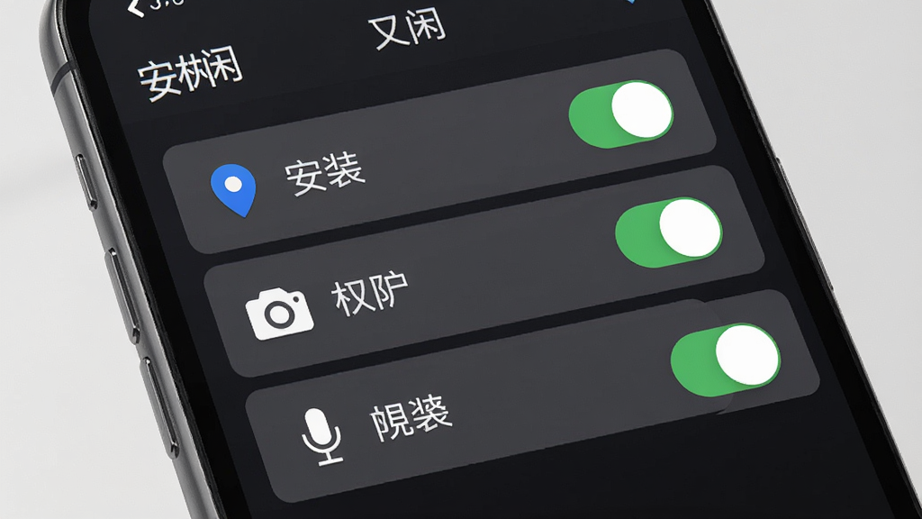 一幅AI生图,画面展示“又闲”应用在手机上的安装权限设置界面,主体是手机屏幕特写,屏幕内显示权限开关列表,布局为垂直列表,风格为写实UI风格,细节包括定位、相机、麦克风图标,画质清晰,干净,无多余元素
