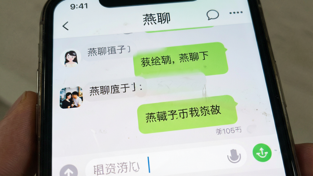 一张燕聊聊天界面的特写图,画面中心为手机屏幕显示聊天气泡与输入框,屏幕上方有“燕聊”字样,界面布局清晰,风格清新浅色,细节丰富,画质干净