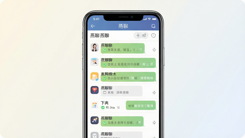 一张展示燕聊软件主界面的手机样机图,画面中央为一部现代智能手机,屏幕显示燕聊聊天列表界面,顶部有“燕聊”应用名称,界面干净整洁,背景为浅色渐变,风格简约商务,细节清晰,画质干净无多余元素