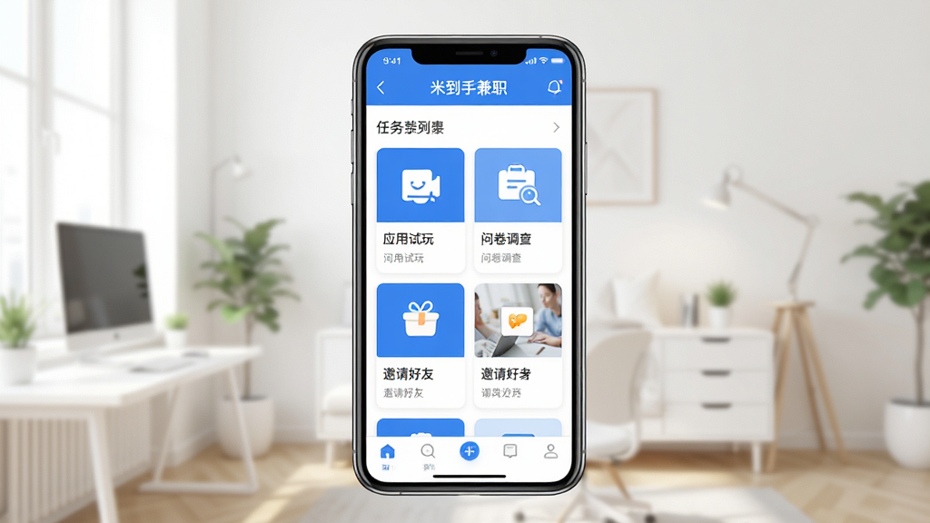 米到手兼职软件主界面展示图,画面中央放置一部智能手机,手机屏幕上显示米到手兼职的首页任务列表,包含应用试玩、问卷调查、邀请好友等任务卡片,背景为明亮整洁的室内环境,采用扁平化UI设计风格,色调以蓝白为主,细节清晰,画质干净,无多余元素,整体布局简洁大方