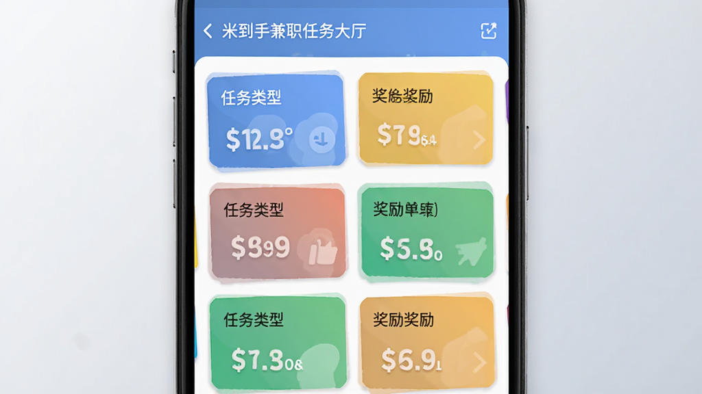 米到手兼职任务大厅界面截图风格图,画面展示手机屏幕中排列整齐的任务卡片,每张卡片上标注任务类型与奖励金额,背景为浅灰色渐变,采用现代扁平化设计,色调清爽,细节丰富,画质干净,无多余元素