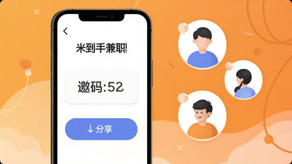 米到手兼职邀请好友功能展示图,画面中一部手机显示邀请页面,页面上有邀请码和分享按钮,旁边有抽象的人物图标代表好友,背景为温暖的橙色调,采用简约插画风格,构图清晰,画质干净,无多余元素