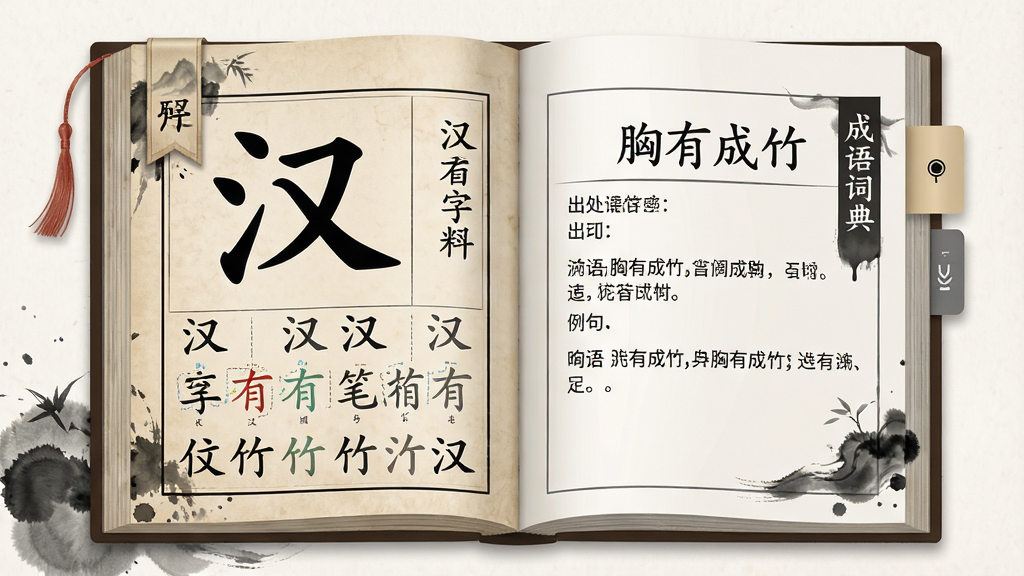 一张展示汉语字典和成语词典内页的图片,画面主体是一本翻开的虚拟词典,左侧页面显示汉字“汉”的详细解释与笔画顺序,右侧页面显示成语“胸有成竹”的出处与例句,布局采用左右分栏,排版清晰易读,风格为仿古书卷与现代UI结合,细节包含水墨点缀、书签标签,画质高清,干净无多余元素