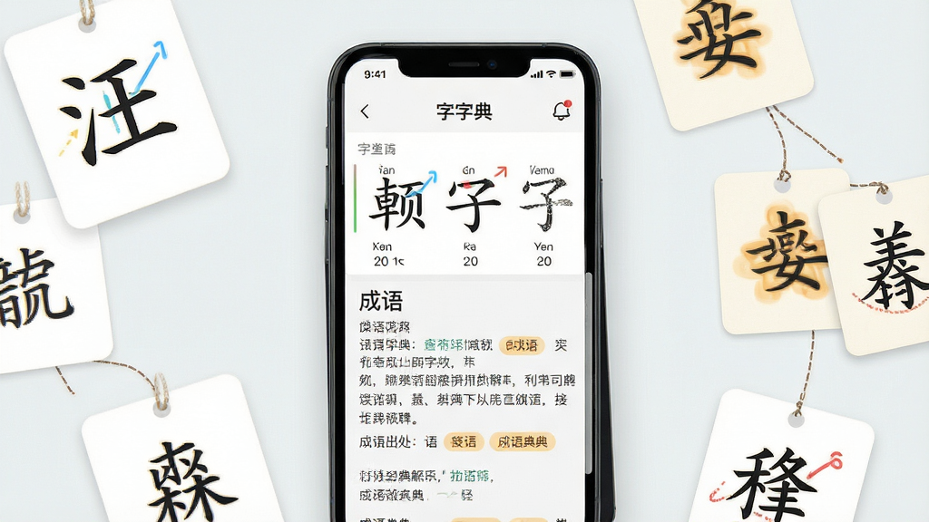 一张展示汉语字典和成语词典软件核心界面的图片,画面中央是手机屏幕,屏幕内显示字典查询结果与成语典故解释,周围散落着汉字卡片与成语接龙元素,布局简洁有序,排版突出查询功能,风格为现代教育类应用UI风格,细节包含汉字笔画动画、拼音标注、成语出处标签,画质高清,干净无多余元素